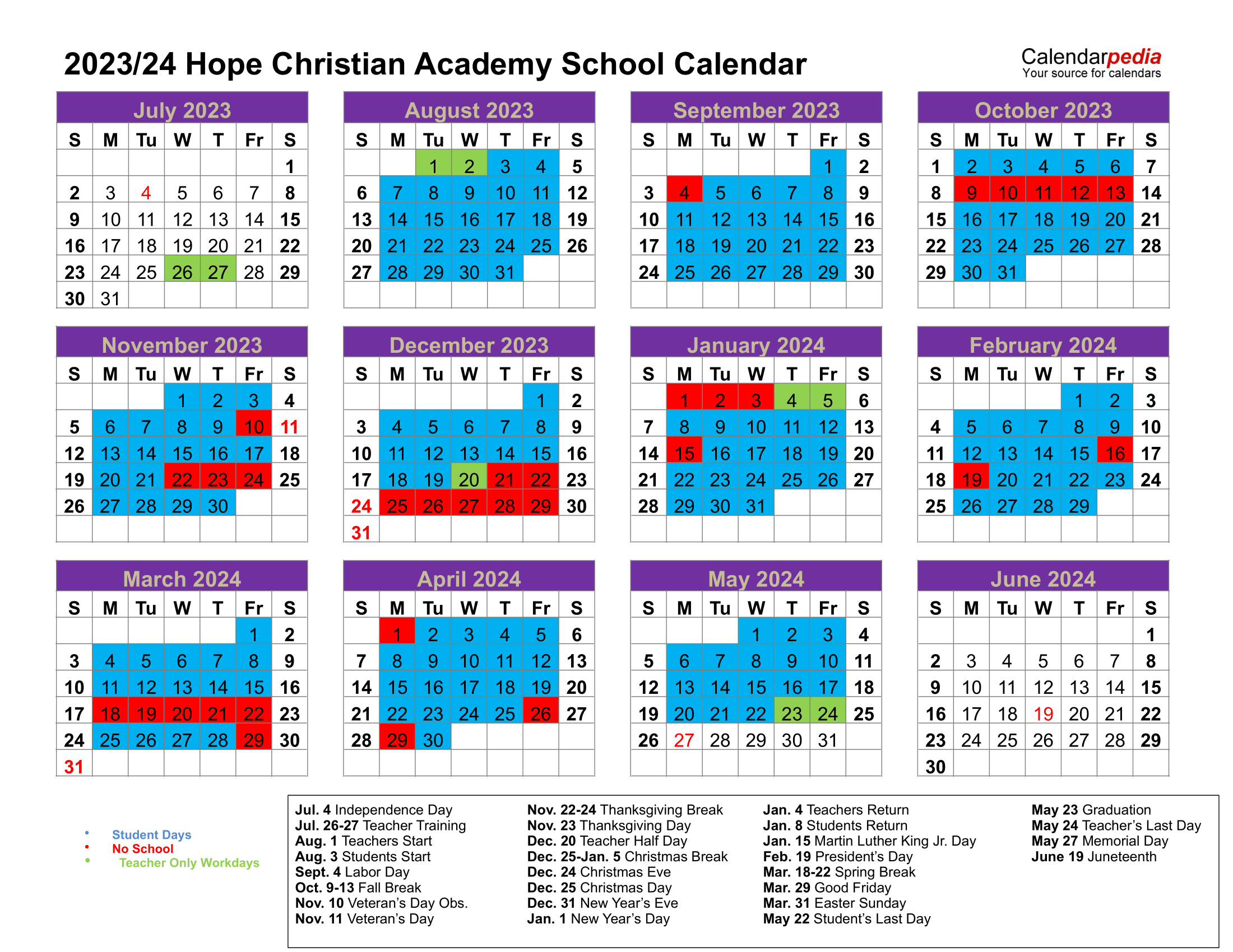 Calendar Hope Christian Academy